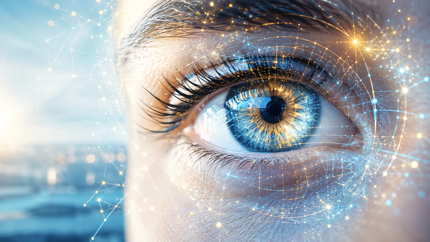 Bright close view of an eye surrounded by interconnected digital signals